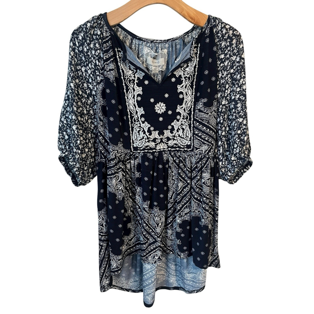 Cupio Peasant Tunic Blouse Women's Medium Blue White